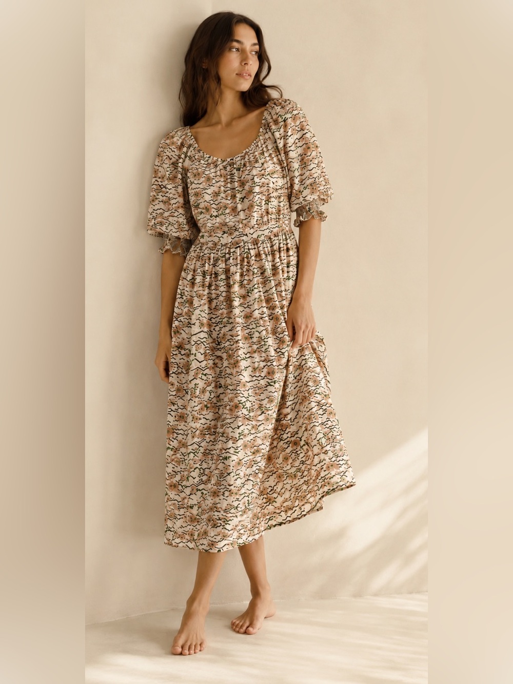 WVN Organic Cotton Floral Puff Sleeve Midi Dress Cream Pocket Cottage-core S - Picture 1 of 12